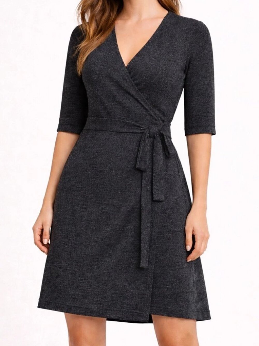 PRANA L Black Bella Belladonna Wrap Dress 3/4 Sleeve Tie Waist Ruched